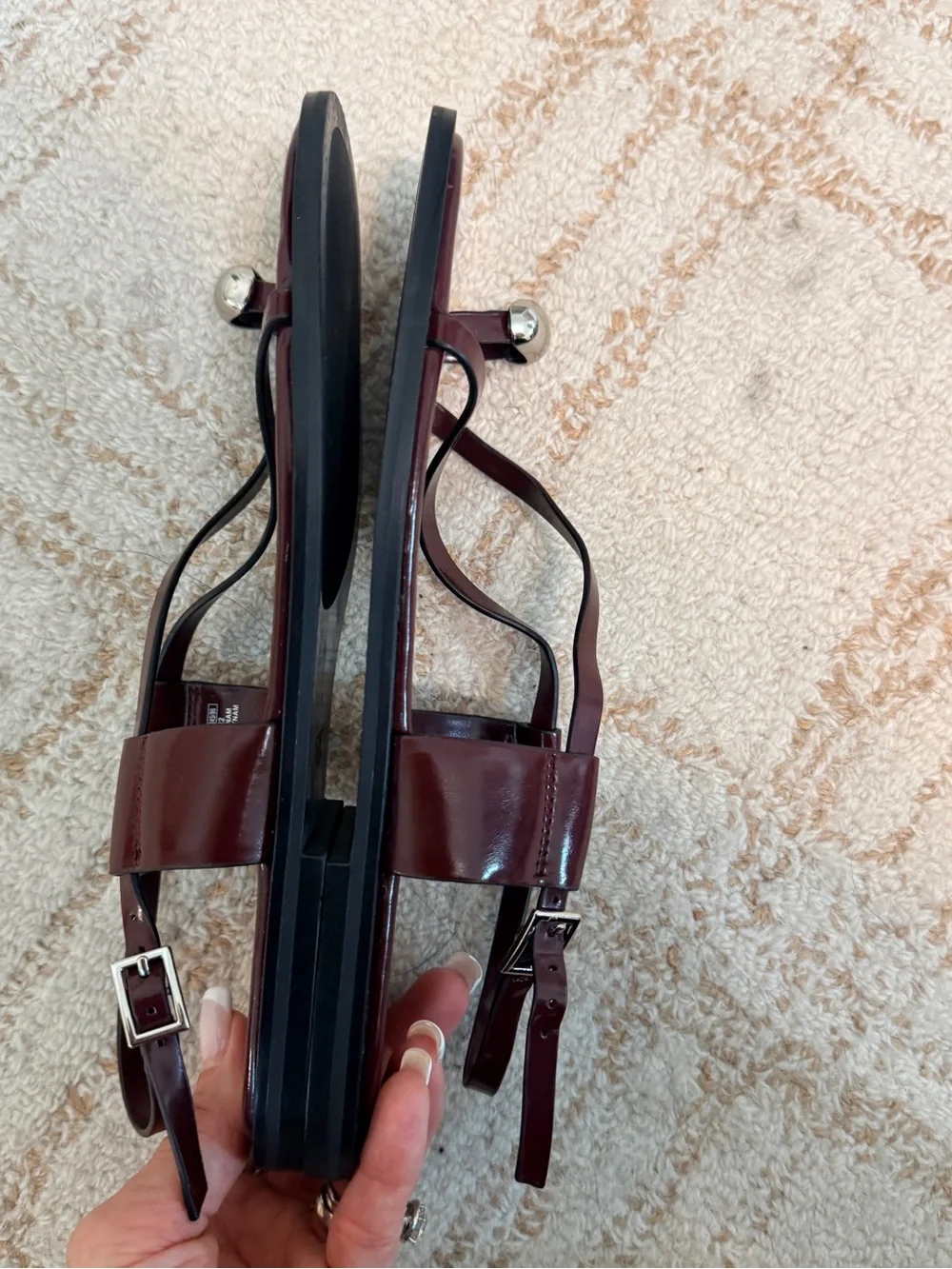 ZARA Burgundy Toe-Ring Strappy Sandals with Silver Accent - Picture 7 of 9
